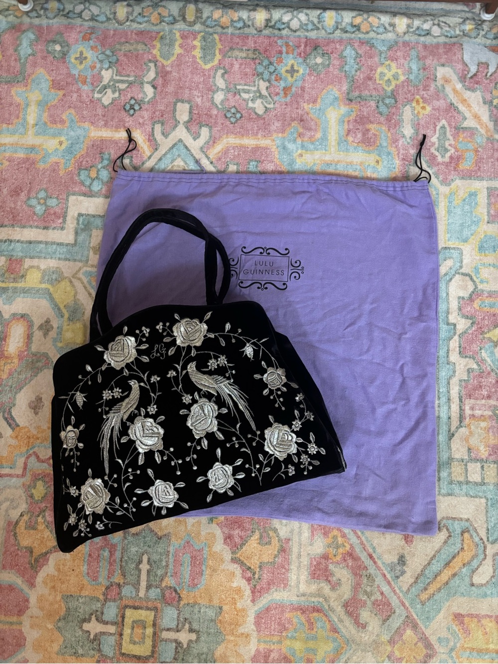 Lulu Guinness Black Velvet Tote with Silver Bird & Rose Embroidery